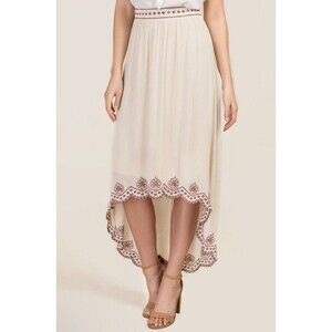 Miami Beige Low High Skirt Size M Scalloped Red Hem Francesca's Embroidery